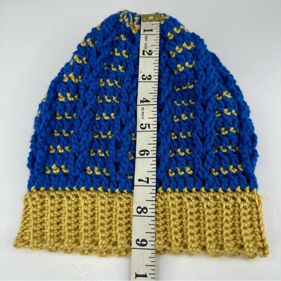 Handmade Unisex New Blue Gold Striped Winter Crochet Beanie - Adult S/M‎ - Picture 8 of 9